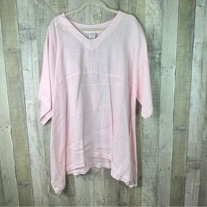 Match Point Large Linen Pink V-Neck Short Sleeve Pullover Tunic Lagenlook Shirt